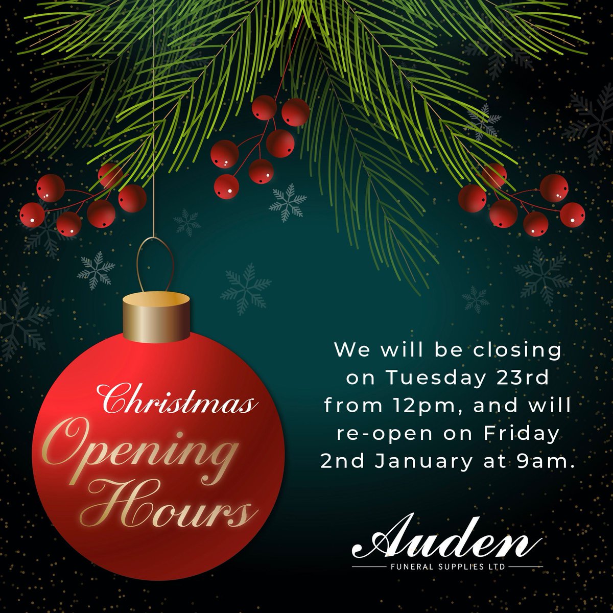 As the festive period approaches, here are our Christmas opening hours 🎄
Closing: Tuesday 23rd December at 12pm
Reopening: Friday 2nd January at 9am