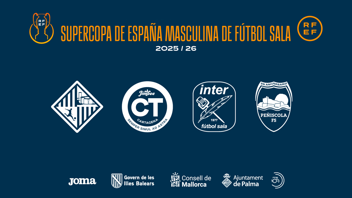 FutSalRFEF's tweet photo. 🎟️ 𝗛𝗮𝘇𝘁𝗲 𝗰𝗼𝗻 𝘁𝘂𝘀 𝗲𝗻𝘁𝗿𝗮𝗱𝗮𝘀 𝗽𝗮𝗿𝗮 𝗹𝗮 𝗦𝘂𝗽𝗲𝗿𝗰𝗼𝗽𝗮 𝗱𝗲 𝗘𝘀𝗽𝗮𝗻̃𝗮

👥 @JimbeeCartagena, @peniscolafs, @InterMovistar y @PalmaFutsal

🗓️ 3 y 4 de enero.
📍Son Moix (Palma)

ℹ️ Toda la información: https://t.co/KuMMZcXUCq

#FutsalRFEF | #SupercopaFS https://t.co/wvjBGeW5Lj