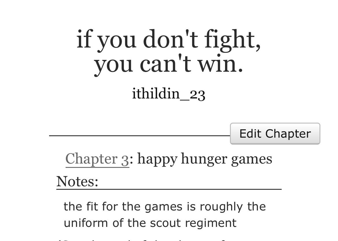 *NEW CHAPTER*
if you don’t fight, you can’t win.
| aot x hunger games au
| mcd, blood and violence, suicide
| chap 3/5 (weekly updates!)
archiveofourown.org/works/75024736…