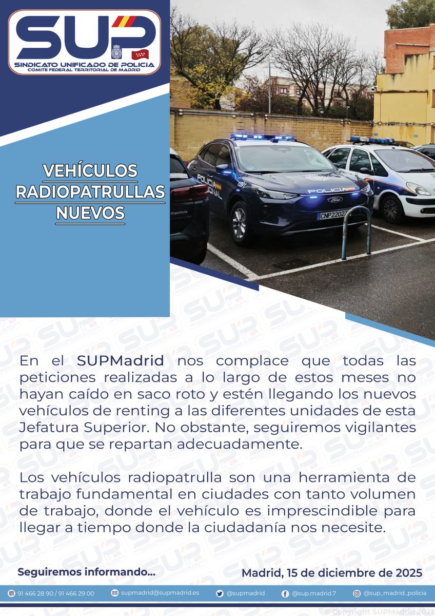 supmadrid's tweet image. 🚓  En #SUPMadrid celebramos la llegada de nuevos radiopatrullas tras la presión sindical.

🕵  Seguiremos vigilantes para que se repartan de forma justa entre las distintas plantillas. #RenovaciónParqueMóvil #TuSeguridadNuestraPrioridad