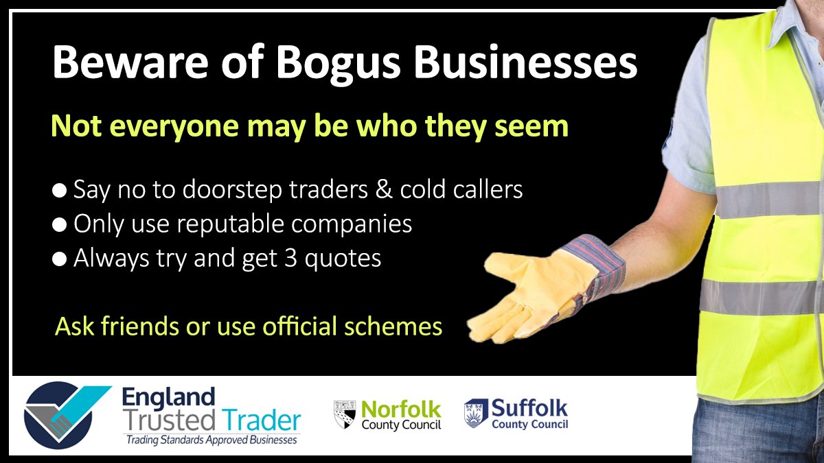 Only use reputable businesses you have contacted. For a list of Trading Standards Approved businesses across Norfolk and Suffolk, visit Trusted Trader 👷‍♂️
trustedtrader.team/Norfolk/
trustedtrader.team/Suffolk/
#Norfolk #Suffolk #TrustedTrader #TradingStandards #Approved