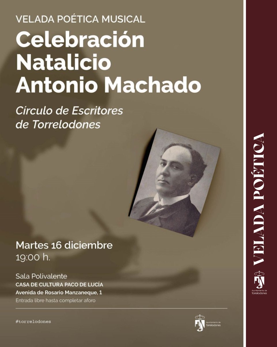 📖🎶 Torrelodones rinde homenaje a Antonio Machado en el 150 aniversario de su nacimiento con una velada poético-musical con lecturas mucha emoción.

📅 16 de diciembre | 19:00h
📍 Casa de Cultura
Entrada libre hasta completar aforo.
¡Te esperamos! torrelodones.es/cultura/agenda…