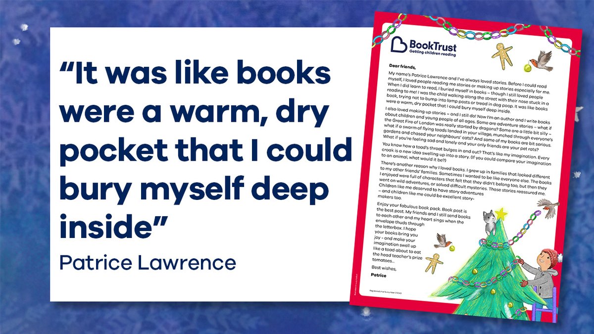 Booktrust's tweet photo. This Christmas, we're sending 18,000 festive book parcels to children who are in care or visiting community food banks.
Included is a beautiful letter from author Patrice Lawrence, illustrated by @lucyfarfort.
Read the letter here 👇
https://t.co/ZQJNeZMhso #MagicOfBooks https://t.co/VV11ZsGJGJ