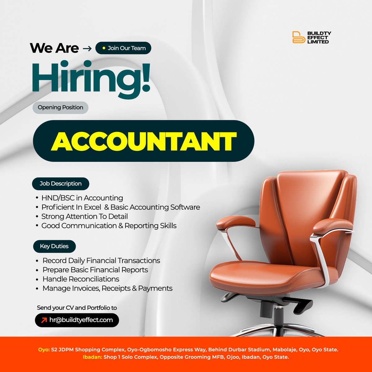 buildtyeffect's tweet photo. 🚨WE ARE HIRING! 🚨

Buildty Effect Limited is looking for an ACCOUNTANT to join our dynamic team in Ibadan.

Requirements:
•HND/BSc in Accounting
• Proficient in Excel &amp; basic accounting software
•Strong attention to detail
•Good communication &amp; reporting skills https://t.co/gyduYYLD7U