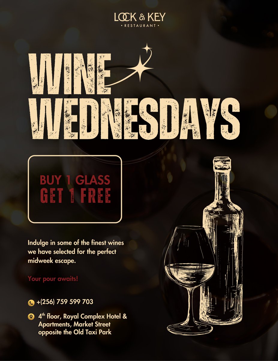 LockandKeyUG's tweet photo. What’s on your Lock & Key agenda this week?
🍻Bucket Mondays: 8 beers for 50,000 UGX.
🍷 Wine Wednesday: Buy 1 glass, get 1 free
📍 Royal Complex Hotel & Apartments, 4th Floor (Opp. Old Taxi Park)
📲 +(256) 759 599 703
#kampala #lockedin #lockandkeyug #kampalabeer https://t.co/De3mFtuDbD