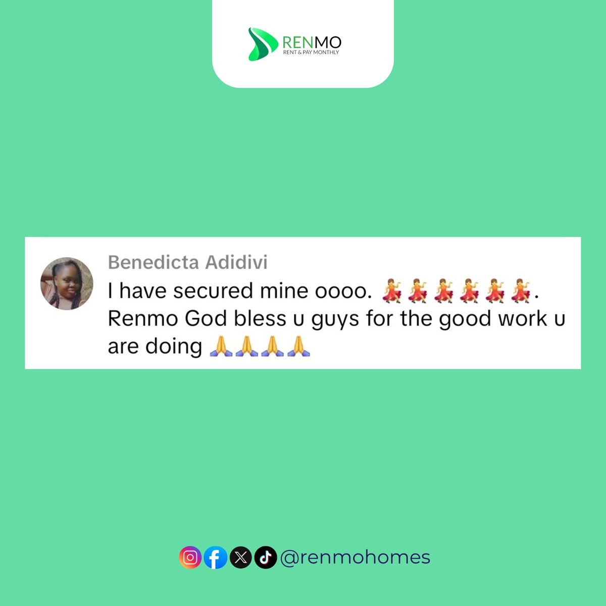 Another happy tenant secured! 💃🏾💃🏾💃🏾
When our clients celebrate, we celebrate with them. 🙏🏾💚

Thank you for trusting Renmo to make rent easier and stress-free. God bless everyone making the move to pay rent monthly. ✨

#RenmoHomes #RentAndPayMonthly #HappyTenants #RentMadeEasy