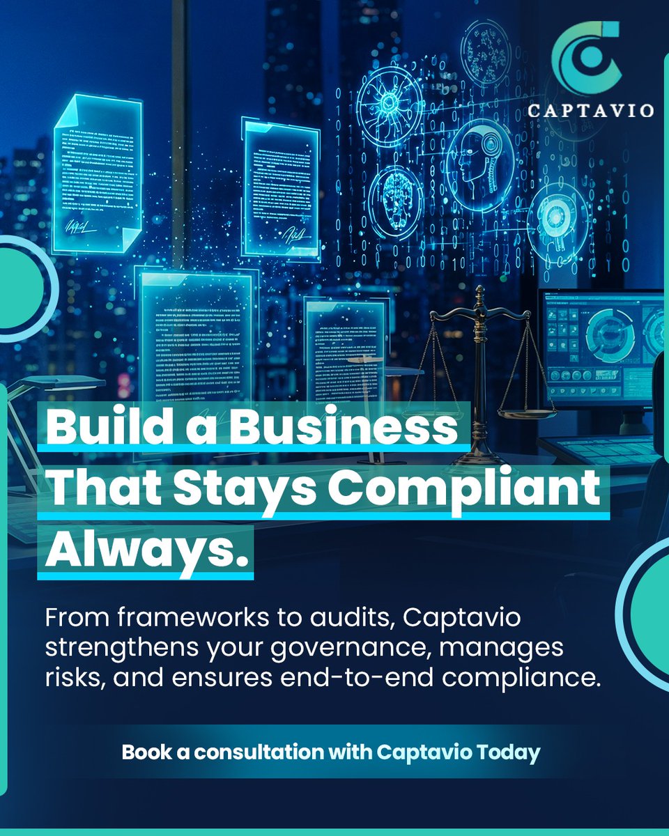 Captaviotech's tweet photo. Stay compliant. Stay confident. Captavio simplifies governance, audits, and risk management—handling compliance end-to-end so you can focus on growth.
📞 +44 (0) 208 059 3637 | 📧 info@captavio.com
#Compliance #RiskManagement #Governance #Captavio https://t.co/ZaIVuWcSgP