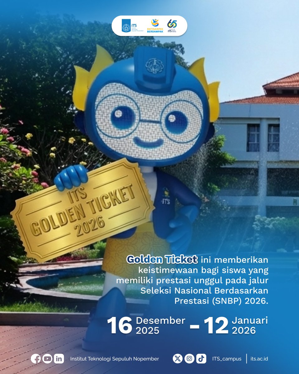 its_campus's tweet photo. #ITSSospro
Raih masa depanmu bareng ITS lewat #GoldenTicketITS!
Buat kamu yang punya prestasi unggul dan siap melesat di jalur SNBP 2026, ITS membuka GOLDEN TICKET 2026—keistimewaan khusus untuk siswa berprestasi yang ingin melanjutkan studi di kampus inovatif ini. https://t.co/yONKFESEZA