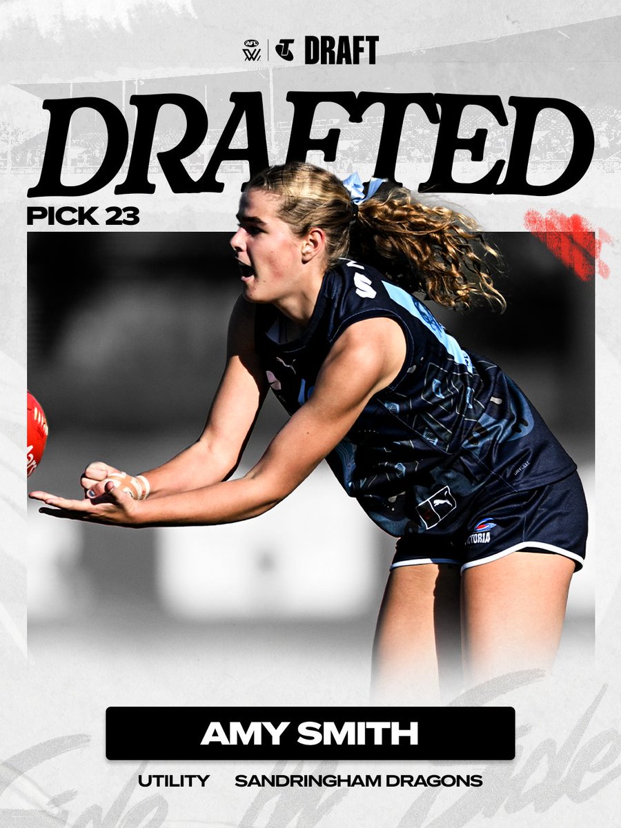 Swooping on Smith! We’ve selected Sandringham Dragons utility Amy Smith with Pick 23 in tonight’s Draft 🪶

Smith’s elite footy IQ and vision can be used anywhere on the ground, showing off her versatility this year having played back, mid and forward 😮‍💨