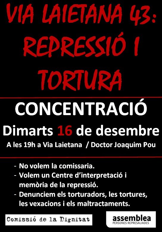 DEMÀ 16 a les 19h concentració a Via Laietana 43, amb el testimoni de Pedro Barrena Ruiz, per la seva filla Pepi Barrena, l'adhesió de la Fundació Reeixida per Oriol Falguera i la col·laboració de l'actor David Espuña.
Veritat i no impunitat.
No ens aturarem!
No ens aturaran!!
