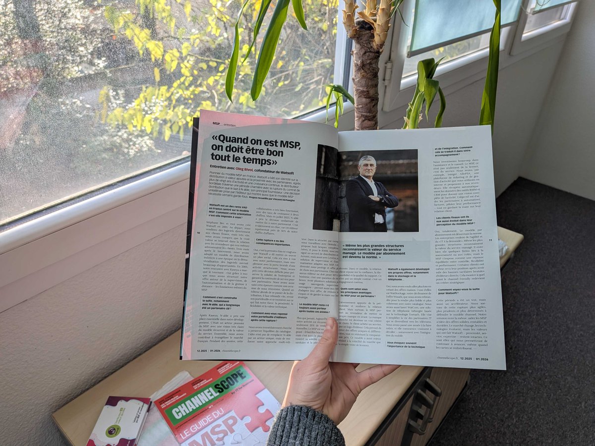 Fiers d’être dans le 1er numéro de ChannelScope avec une interview d’Oleg Bivol sur un sujet clé pour les MSP : se réinventer en permanence.

Valeur ajoutée, proximité terrain, solutions concrètes (cyber, RMM, téléphonie).

Surprise Watsoft à venir… 🚀