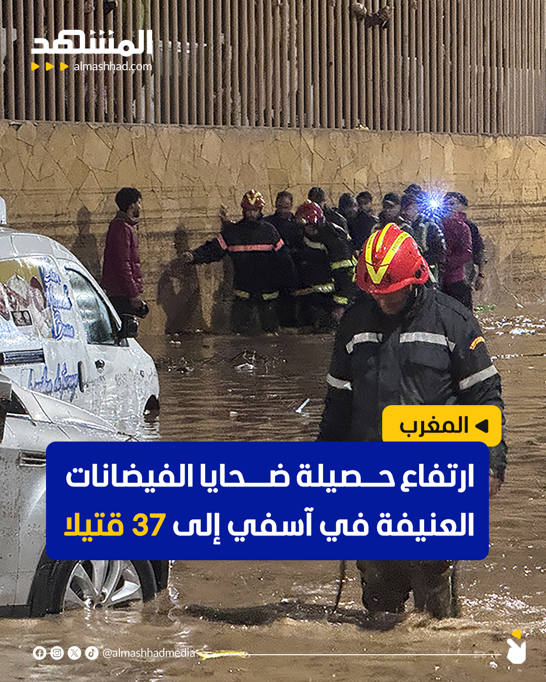 ارتفعت حصيلة الوفيات جرّاء الفيضانات العنيفة التي ضربت مدينة آسفي في المغرب إلى 37 شخصا بحسب آخر المعطيات الرسمية.. وذكرت السلطات المغربية أن التساقطات الرعدية العنيفة والاستثنائية التي شهدها الإقليم مساء اليوم الأحد، تسببت في تدفقات فيضانية مفاجئة وقوية خلال فترة زمنية وجيزة. #اخبار_المشهد 