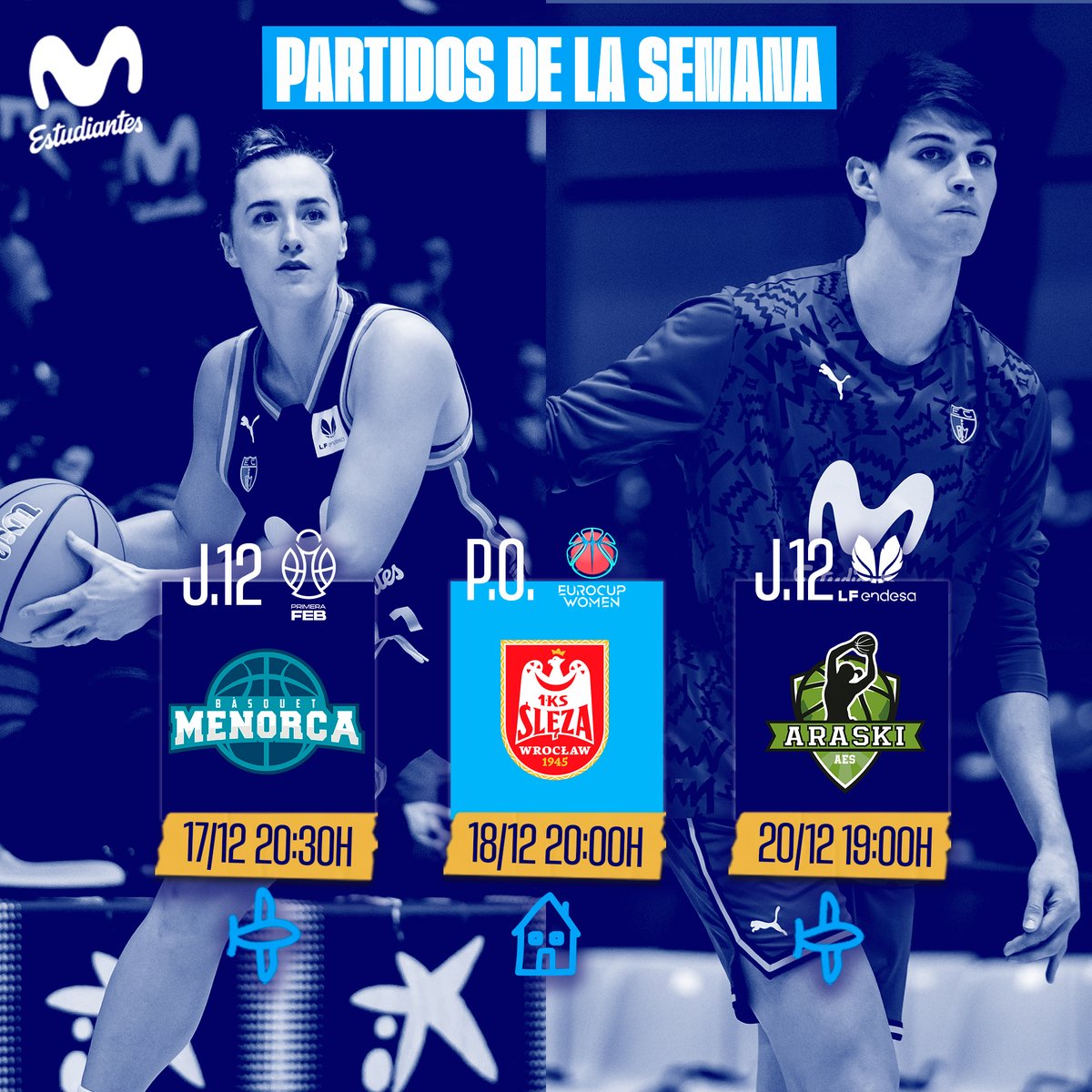 ¡Otra semana cargadita de BaloncEstu! 🔥🏀

#PrimeraFEB ✈️
🆚 <a href="/BasquetMenorca/">Hestia Menorca</a> 
🗓️ 17/12 20:30h

#EuroCupWomen 🏡
🆚 Sleza Wroclaw
🗓️ 18/12 20h
📍 Movistar Academy Magariños
🎟️ entradas.movistarestudiantes.com

#LFEndesa ✈️
🆚 <a href="/Araski/">Araski AES</a> 
🗓️ 20/12 19h