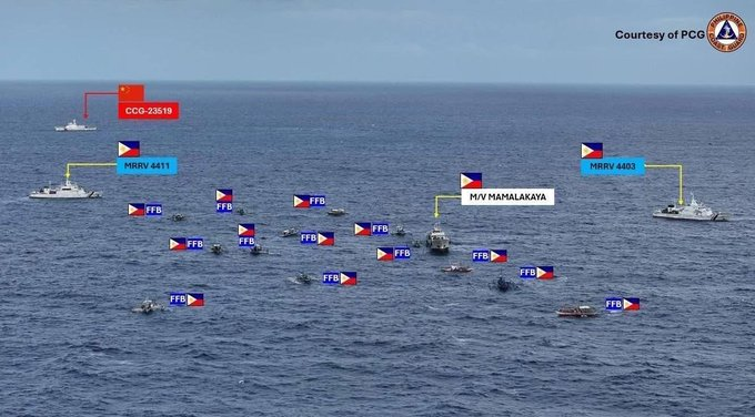 SITREPph's tweet photo. 🇵🇭 Forced Convoys: The New Normal for Filipino Fishermen? 🌊

These are Filipino fishermen's boats, but increasingly, their journey to our traditional fishing grounds in the West Philippine Sea,  looks less like a simple fishing trip and more like a high stakes mission.

The location is Sabina Shoal, also known as Escoda Shoal, a mere 75 nautical miles from Palawan Island. This places it squarely and unequivocally well within our Exclusive Economic Zone. This area has always been a traditional fishing ground of the Philippines, as shown on ancient maps, with our rights further confirmed by UNCLOS.

The image of our fishermen needing to band together, often with the assistance and escort of the Philippine Coast Guard, raises a troubling question: Will this be the normal scenario for fishermen in the Philippines?

It is a damning indictment of the continuous harassment and aggression that our citizens who are simply trying to make an honest living, must rely on government patrol boats for protection in their own fishing grounds. Recent reports of Chinese vessels using water cannons, cutting anchor lines, and injuring our fishers only underscore this danger.

Where is the Freedom of Navigation?
The constant interference by foreign vessels directly violates the fundamental principle of freedom of navigation, a right enshrined in international law, particularly for fishing activities within a state's own EEZ.

The incident is described as "one of the most severe incidents to occur near Sabina Shoal since last year’s months-long standoff" and is the first since September to involve the injury of Philippine nationals due to Chinese actions. This validates the premise that harassment is severe and escalating.

Our fishermen deserve to fish freely, safely, and without fear in the waters that are legally and historically ours. Their livelihood should not depend on a coast guard or navy escort.
https://t.co/EX9peAX7RL

#WestPhilippineSea #FilipinoFishermen #Sovereignty #FreedomOfNavigation #ProtectOurWaters #PCG