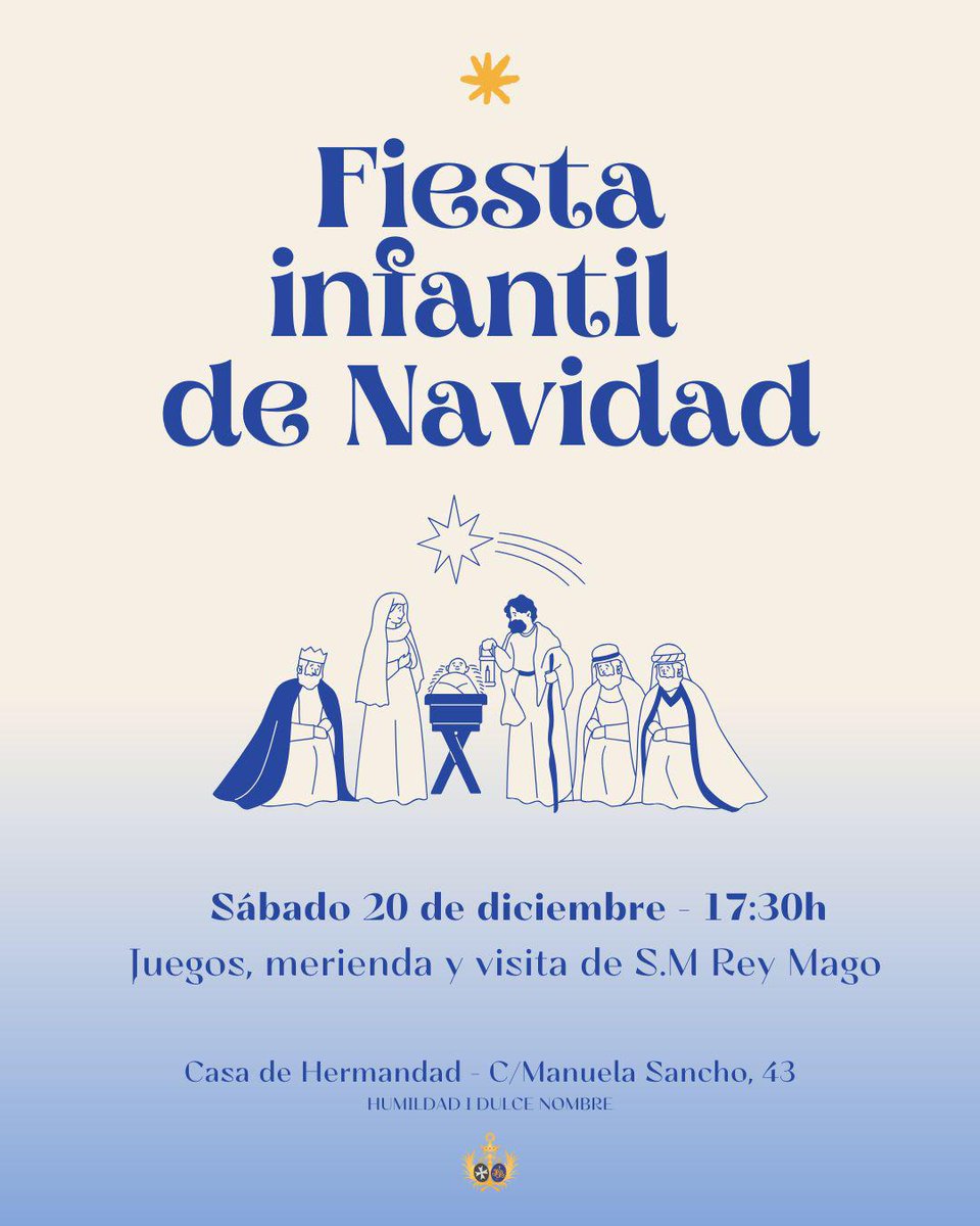 FIESTA INFANTIL DE NAVIDAD🎄
🗓️Próximo sábado 20 de Diciembre
🕒17:30 horas
📍Casa de Hermandad
Tendrá lugar la Fiesta infantil de Navidad. 
Llena de actividades para los más pequeños, juegos y merienda.
Además, contaremos con la visita de Su Majestad el Rey Mago, 
#Humildadzgz
