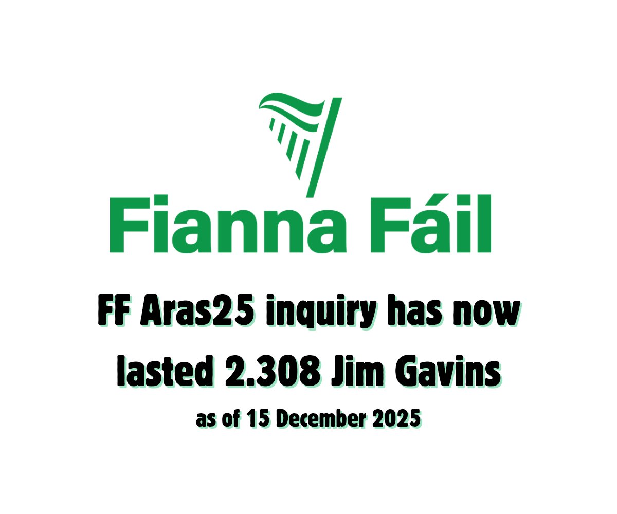 It's 15th December.  #FiannaFail's #Aras25 inquiry into the #FF presidential election disaster has now lasted for 2.308 #JimGavins. 

It is not expected to be completed until at least 3 #JimGavins have elapsed.

1 #JimGavin = 26 days.  See x.com/2legged/status…