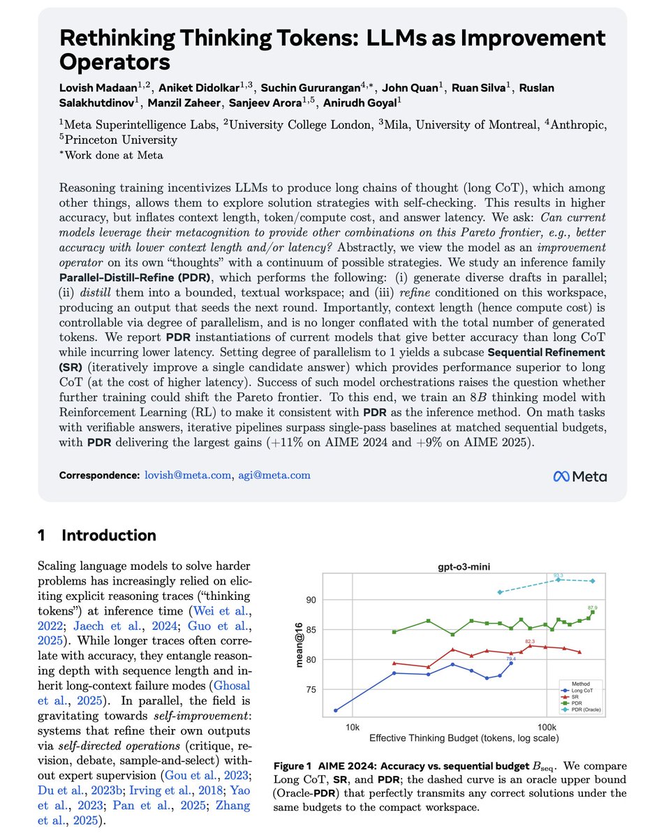 dair_ai's tweet image. NEW Research from Meta Superintelligence Labs and collaborators.

The default approach to improving LLM reasoning today remains extending chain-of-thought sequences.

Longer reasoning traces aren't always better. Longer traces conflate reasoning depth with sequence length and…
