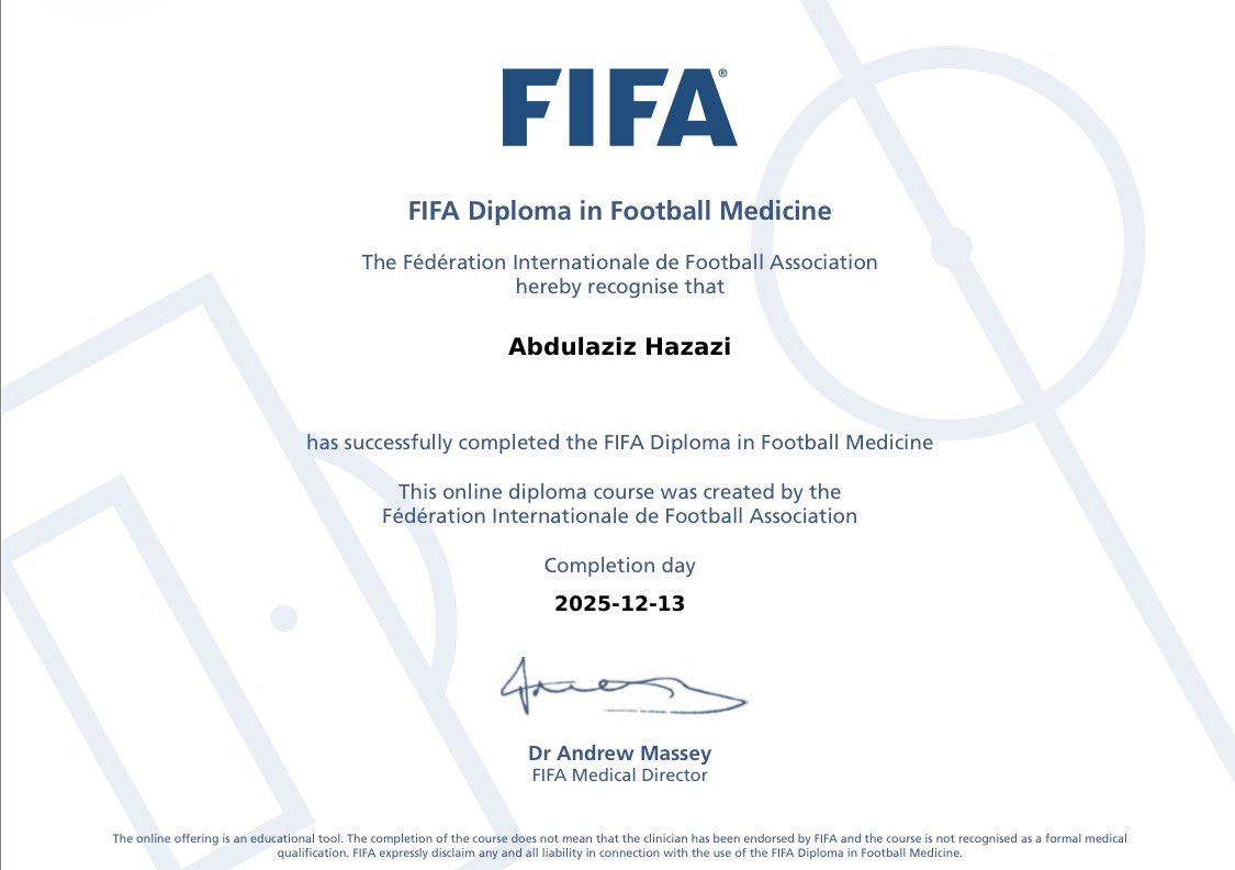 تم و بحمد الله الحصول على دبلوم الفيفا للطب الرياضي ✅