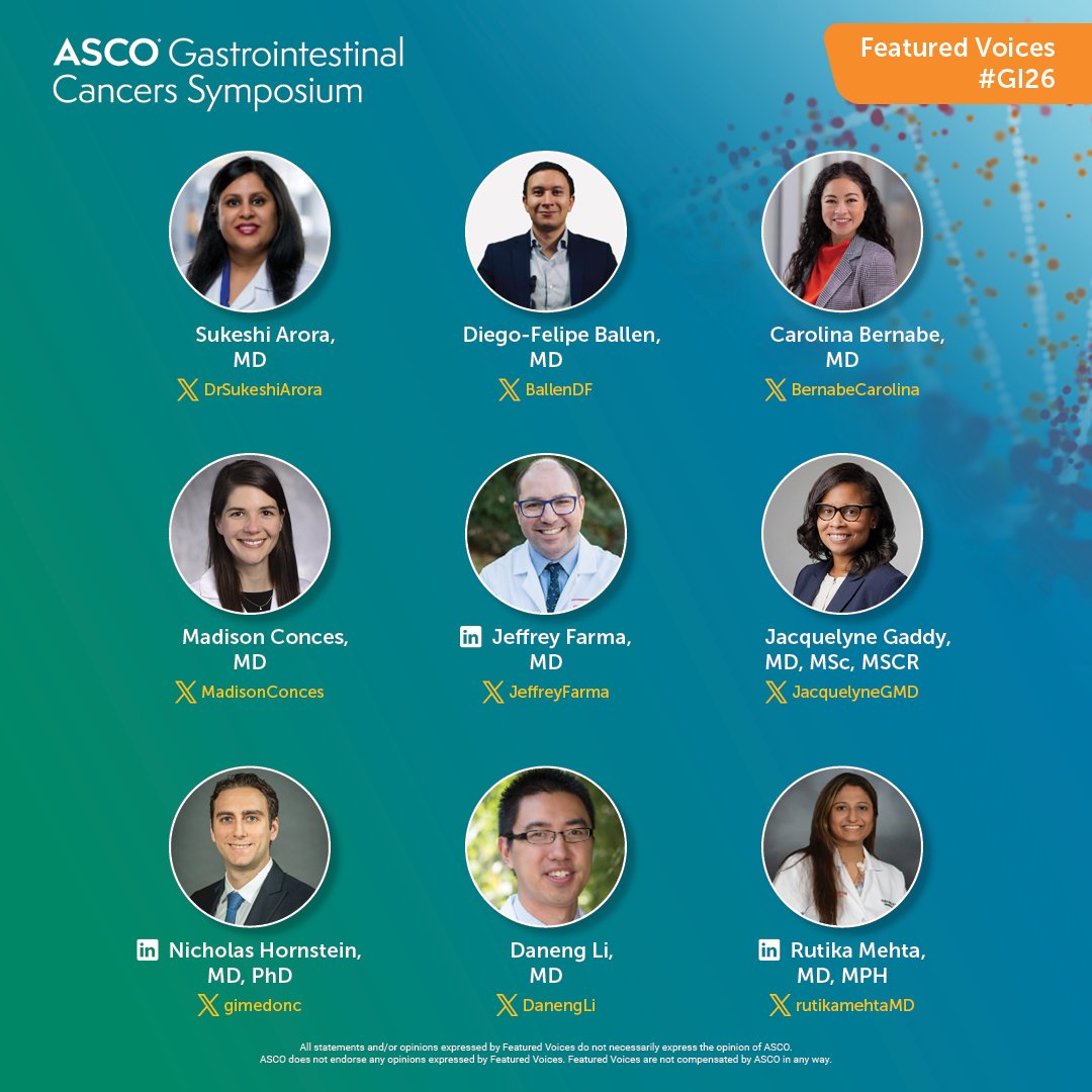 ASCO's tweet image. We’re excited to announce our Featured Voices for the 2026 ASCO Gastrointestinal Cancers Symposium! Get their expert perspectives, find out which abstracts and sessions they’re most excited about, and join the conversation with the official meeting hashtag, #GI26.