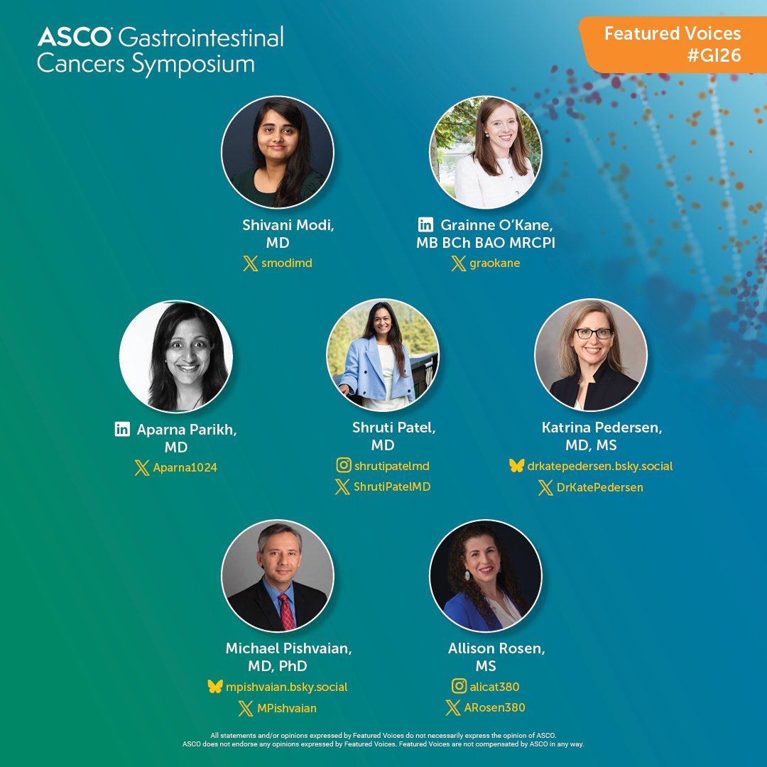 ASCO's tweet image. We’re excited to announce our Featured Voices for the 2026 ASCO Gastrointestinal Cancers Symposium! Get their expert perspectives, find out which abstracts and sessions they’re most excited about, and join the conversation with the official meeting hashtag, #GI26.