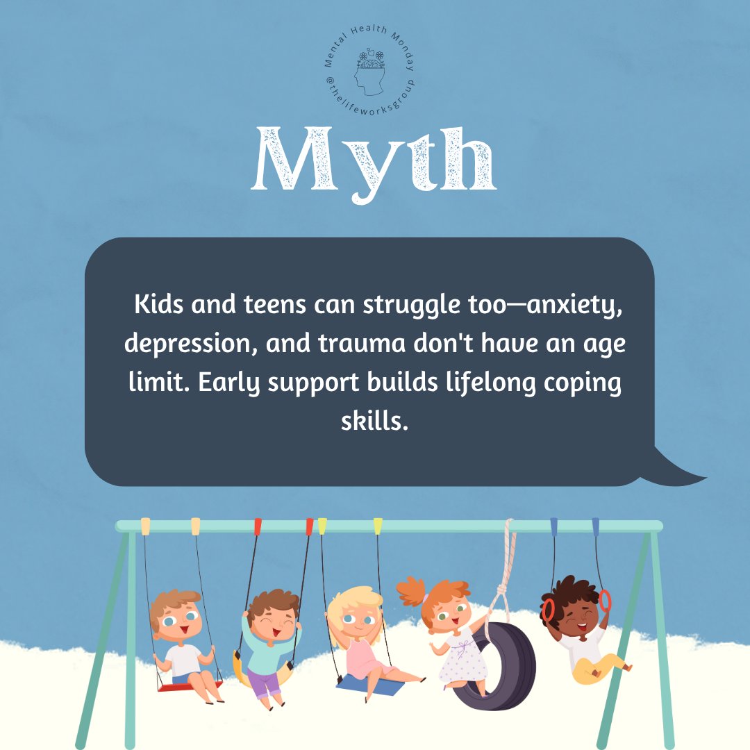 LifeWorksFL's tweet image. 🔍 Myth or Fact?

🚫 Myth: Children don’t experience mental health challenges.

Mental health struggles can start early. Kids and teens can face anxiety, depression, and trauma—supporting them early helps them build strong lifelong coping skills.