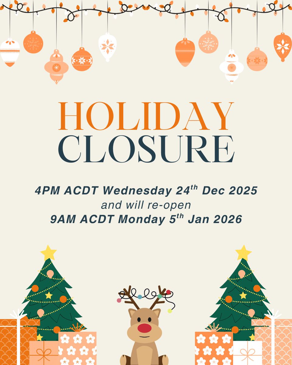 SAS_Canada's tweet photo. It's that time of year again! 🎁🎅

Our office closure hours are:

4:00pm (ACDT) Wednesday 24th December 2025
to
9:00am (ACDT) on Monday 5th January 2026

From everyone at Safe Ag Systems, we wish you Merry Christmas and a happy New Year! 🎄✨ https://t.co/CF1Gn6UzWX