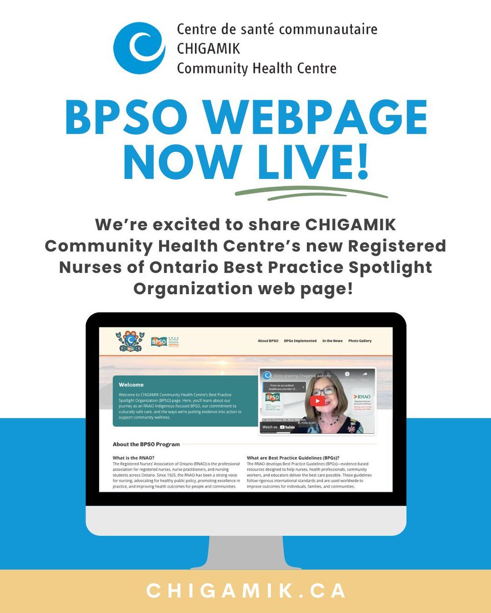 We’re excited to share CHIGAMIK Community Health Centre’s new Registered Nurses of Ontario Best Practice Spotlight Organization web page! 🎊

🌐 Visit the new BPSO page: chigamik.ca/en/best-practi…

#CHIGAMIK #BPSO #RNAO #BestPracticeGuidelines #IndigenousHealth #CulturallySafeCare