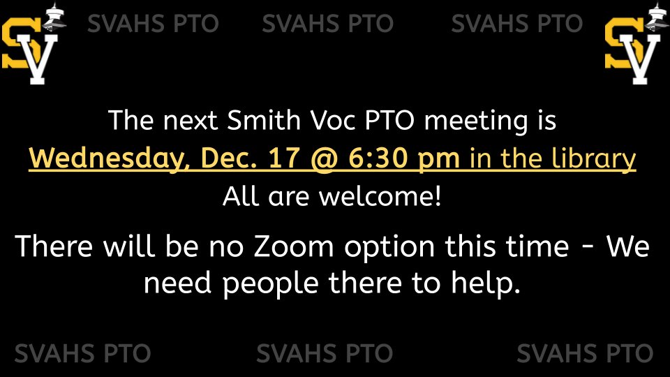 A great opportunity to get to know our PTO!
Email PTO@smithtec.org if you have questions