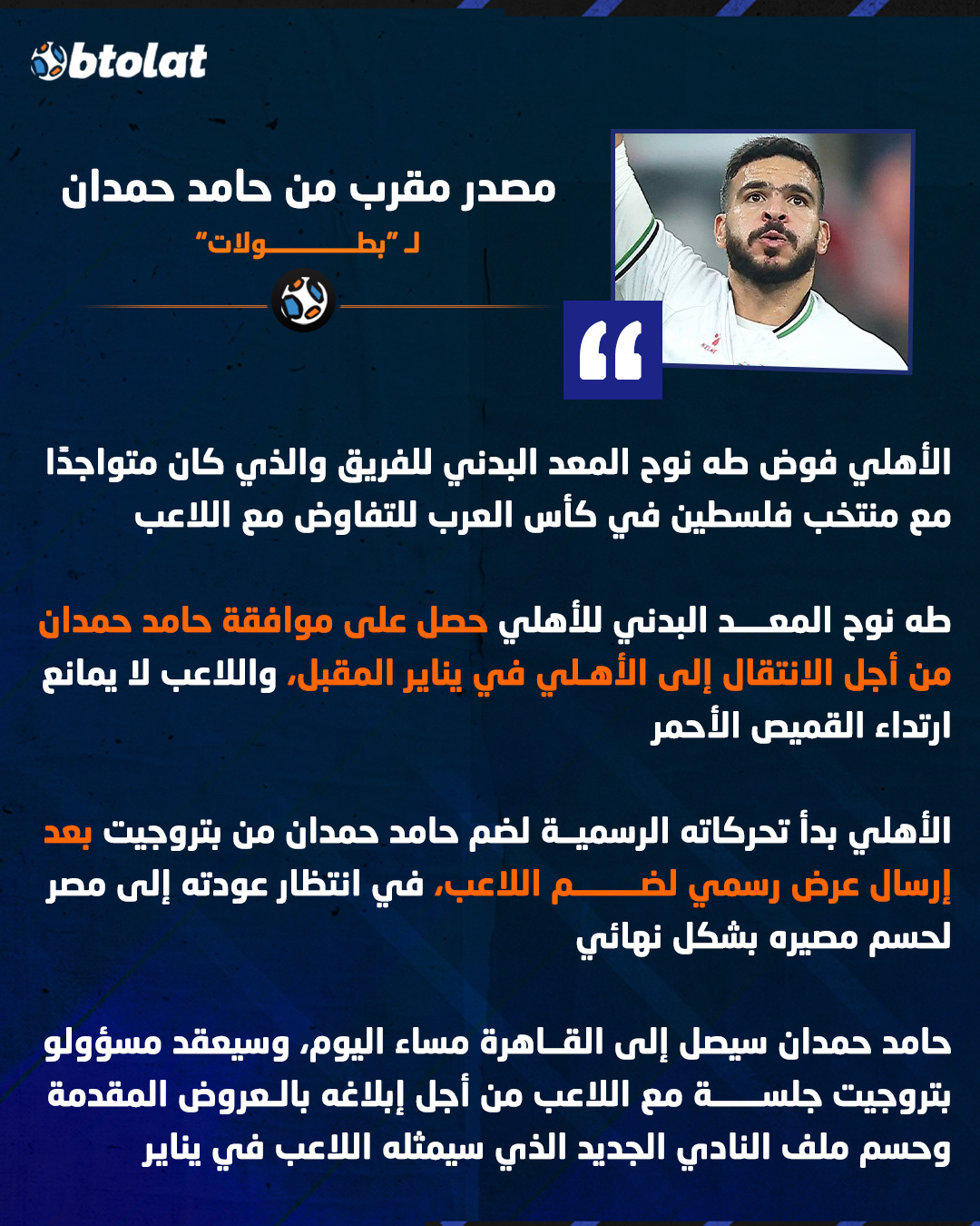 "طه نوح المعد البدني للأهلي حصل على موافقة حامد حمدان من أجل الانتقال إلى الأهلي في يناير المقبل". مصدر مقرب من حامد حمدان لـ "بطـولات" يكشف آخر مفاوضات الأهلي مع اللاعب ورغبة حمدان القادمة 