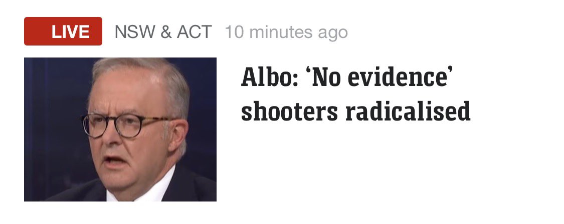 “No evidence of radicalisation,” says <a href="/AlboMP/">Anthony Albanese</a>, as Jews are murdered for existing. PM, are you living in a parallel universe?