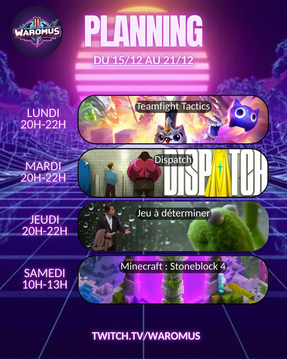 Waromus's tweet photo. Voici le planning pour cette semaine du 15/12 au 21/12 !

https://t.co/6EDJr3Trv4

#TwitchStreamers #twitchfr https://t.co/qDzMH12Xnn