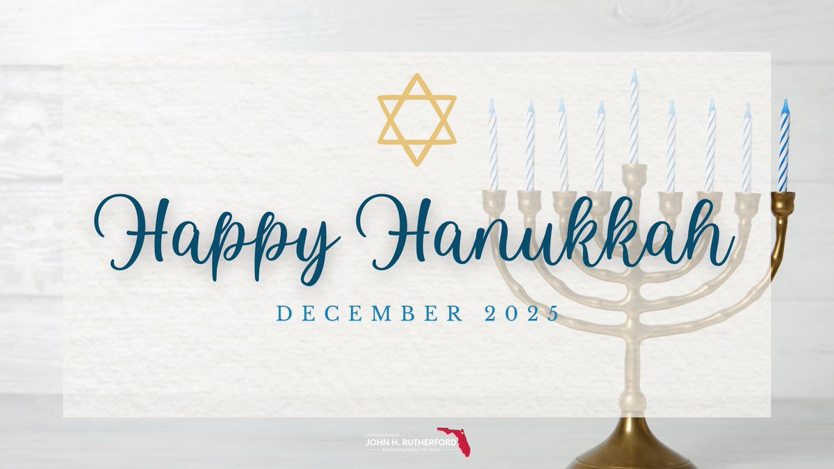 RepRutherfordFL's tweet image. Happy Hanukkah to all those celebrating in Northeast Florida! I join Jewish communities around the world in praying for peace throughout this year’s Festival of Lights.🕎
