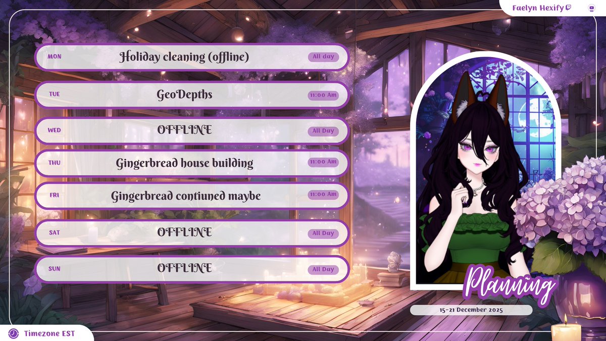 Weekly Schedule  
Today im taking off to get some holiday cleaning done as my house is chaos after this last weekend
Tuesday we'll be doing some Geodepths since we didnt do it last week
Thursday we'll be buidling a gingerbread house and yapping
Friday we'll finishing building the