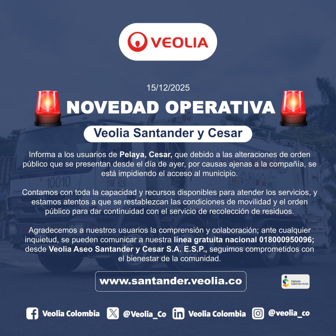 VeoliaSderCesar's tweet image. 🚨¡NOVEDAD OPERATIVA!🚨

A los usuarios de Pelaya, #Cesar, informamos que se presentan novedades en la prestación del servicio de recolección de residuos. 

Agradecemos a la comunidad su comprensión y colaboración. Los detalles aquí👇🏼: