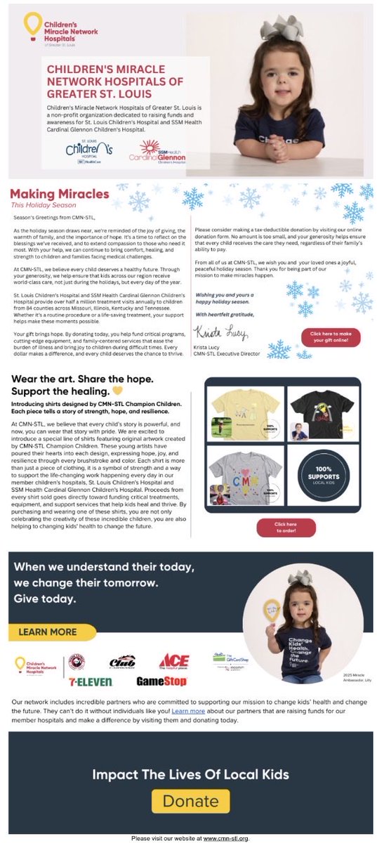 Don’t miss out on important CMN-STL information. Sign up to receive our e-newsletter today: cmn-stl.org/contact-us/

The December e-newsletter features:
❄️ Making Miracles This Holiday Season
❄️ Shirts designed by CMN-STL Champions
❄️ Current Corporate Partner Campaigns