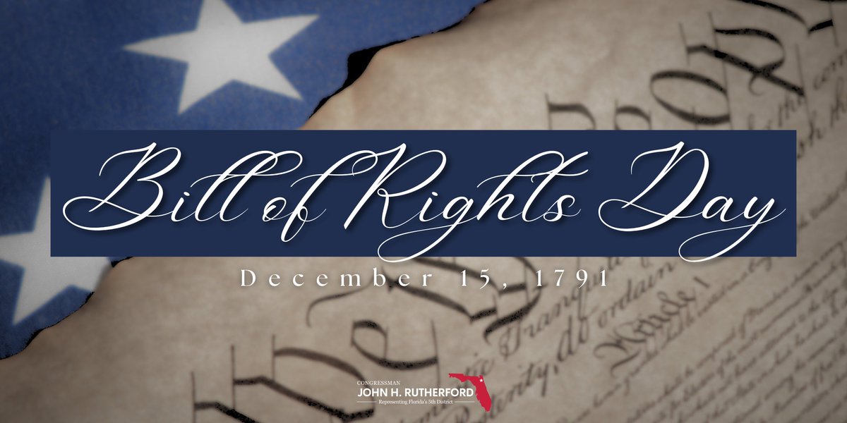 RepRutherfordFL's tweet image. The first 10 amendments to the U.S. Constitution guarantee Americans some of our most critical liberties, including the freedom of speech, right to bear arms, and due process. Today, we celebrate the 233rd anniversary of their ratification and the freedoms we continue to enjoy!