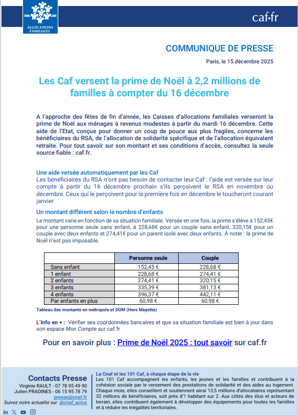 #presse 🗞️

🗓️16 décembre : versement de la prime de Noël à 2,2 millions de  familles. 

A l’approche des fêtes de fin d’année, les Caisses d’allocations familiales verseront la  prime de Noël aux ménages à revenus modestes à partir du mardi 16 décembre. 

Cette  aide de l’Etat,