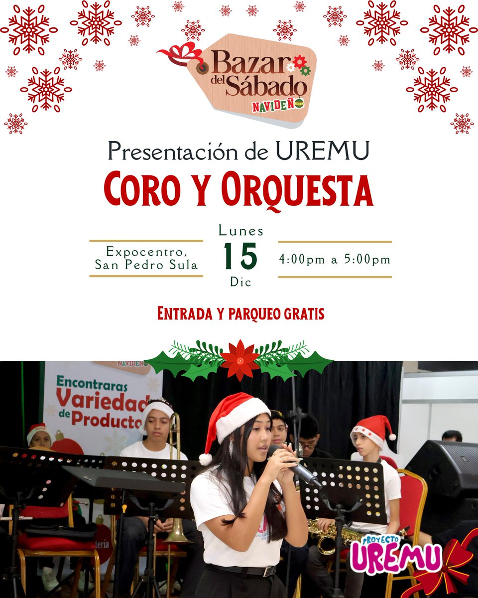 ¡La música llega al Bazar Navideño! 🎶🎄
Hoy recibimos al Coro y Orquesta de Proyecto UREMU, quienes nos regalarán una presentación especial para disfrutar en familia.
Ven a vivir una tarde llena de talento, ambiente navideño y apoyo a lo local. ✨

#BazarNavideño #Expocentro