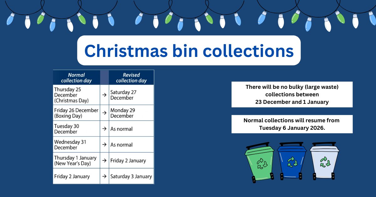 Don’t forget that there’ll be some changes to bin collections across County Durham over Christmas. Our collections will take place as normal up to and including Christmas Eve (Wed 24), with changes to collections from Christmas Day to Friday 2 December. 

Find out more at:
