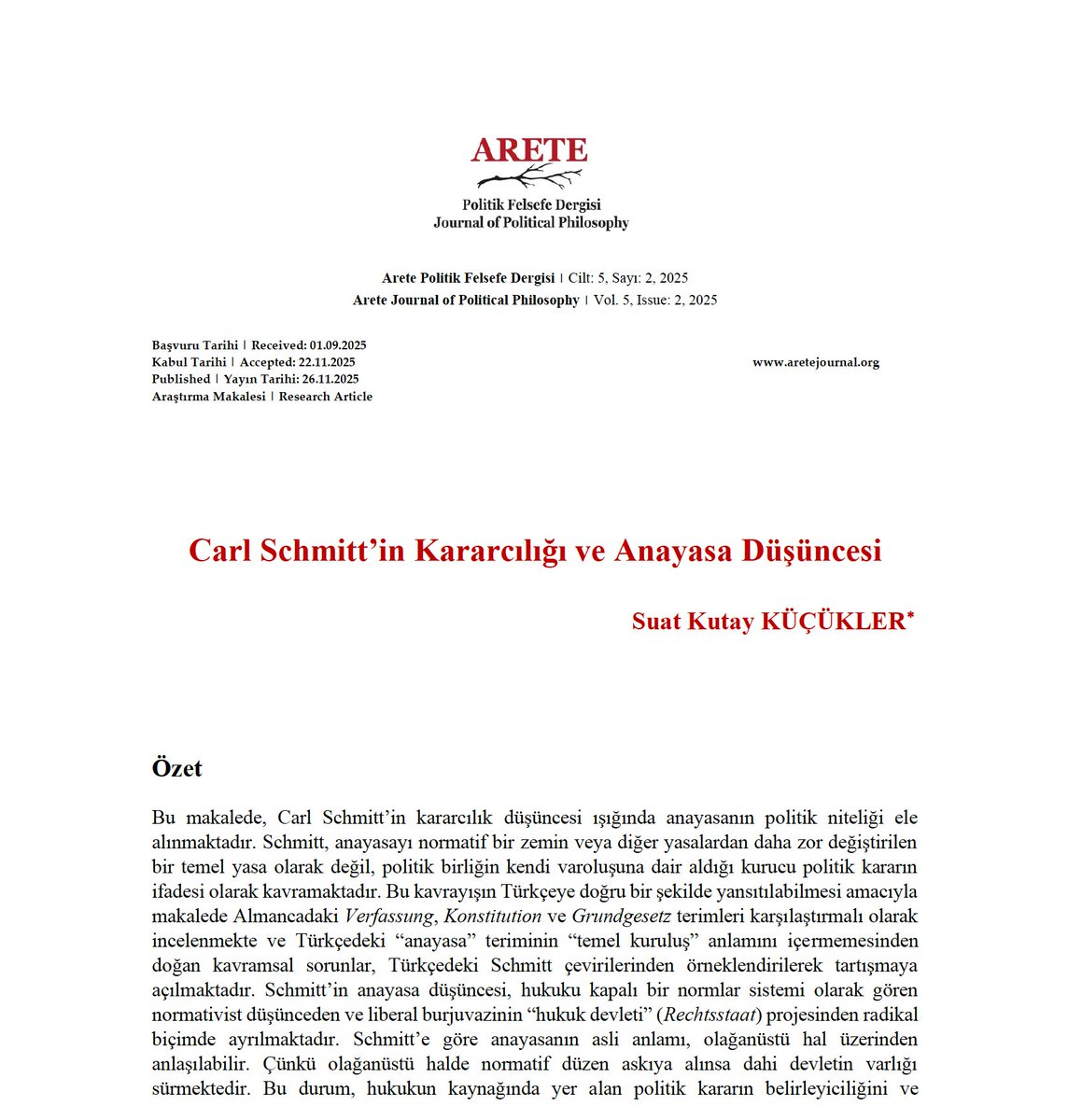 Arete Politik Felsefe Dergisi tweet media