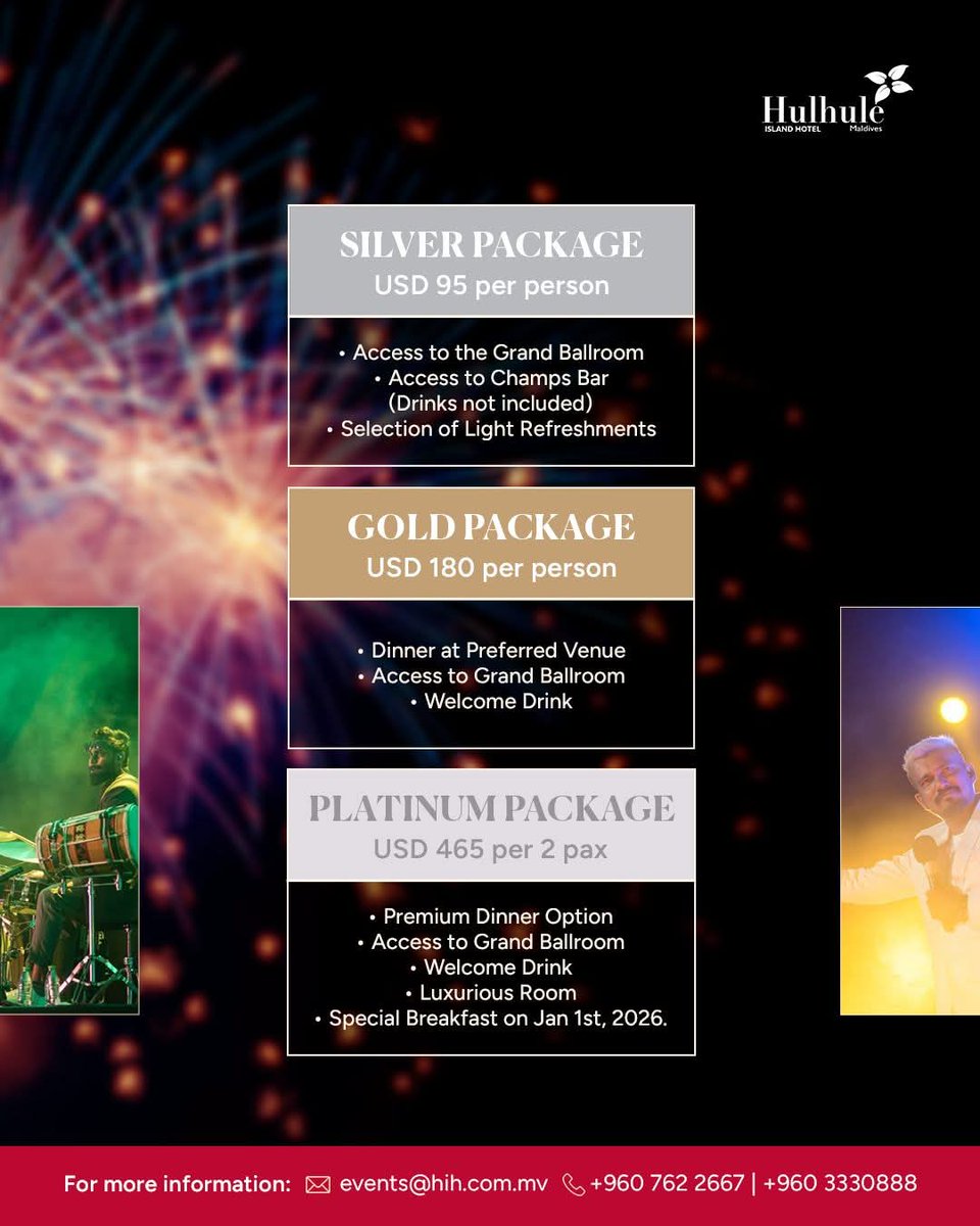 Join us for unforgettable new year with live entertainment by 2OFUS.
Looking forward to welcoming 2026 together.

📍 31st December 2025 | From 6:00 PM

#HulhuleIslandHotel #NewYearsEve #HospitalityLife #2ofus #livemusic