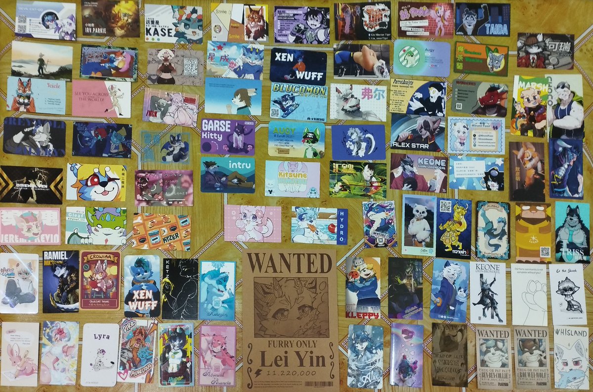 Hydrophic1's tweet image. FURUM 2025 name card collection~ 
And a special poker deck received from a furry!!