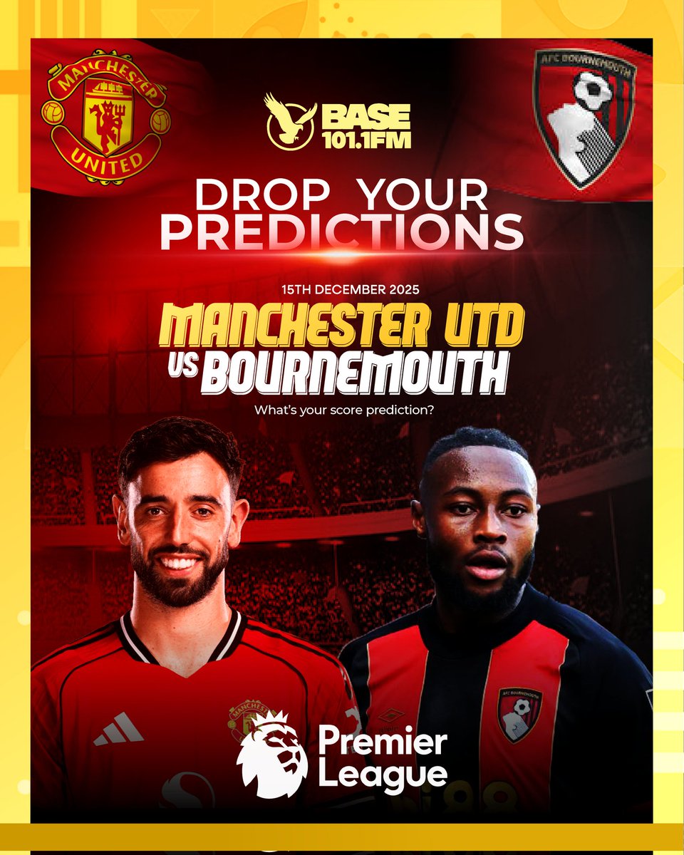 BaseFmLagos's tweet photo. MATCH DAY CONTEST:
Manchester United 🔴 vs Bournemouth ⚪️
Premier League
Predict the FINAL SCORE & tell us your preferred Starting XI for Man United in the comments 👇🏾
DON’T MISS OUT
💰 WIN A PRIZE
#BaseFMLagos #MatchDay #PremierLeague #ManUnited #Bournemouth #Football https://t.co/Gtzm2gl8mU