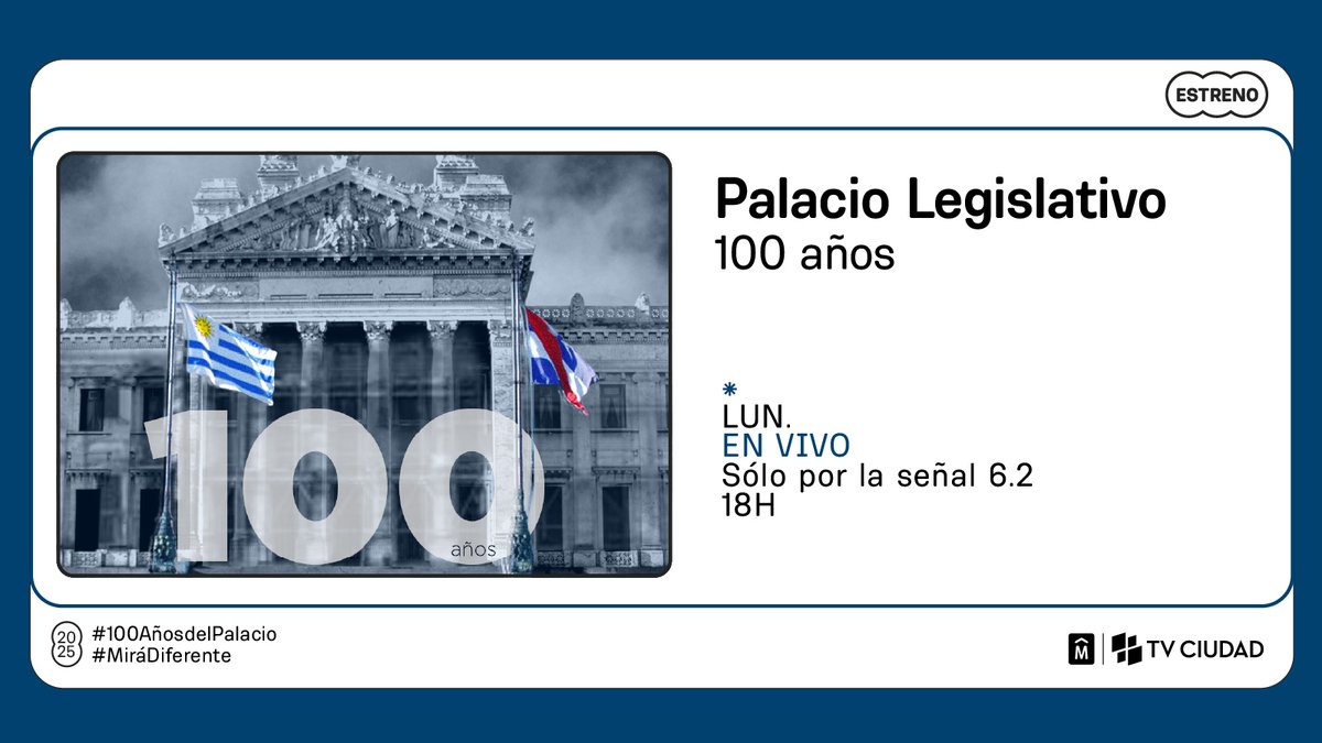 🏛️ 100 años del Palacio Legislativo

TRANSMISIÓN ESPECIAL» Hoy 18h viví el acto de clausura del Primer Período Ordinario de Sesiones de la 50ª Legislatura, en una actividad abierta al público, con cierre a cargo del <a href="/BNSballet/">Ballet Nac. SODRE</a>

📺 En vivo por señal de aire canal 6.2 de #TVCiudad
