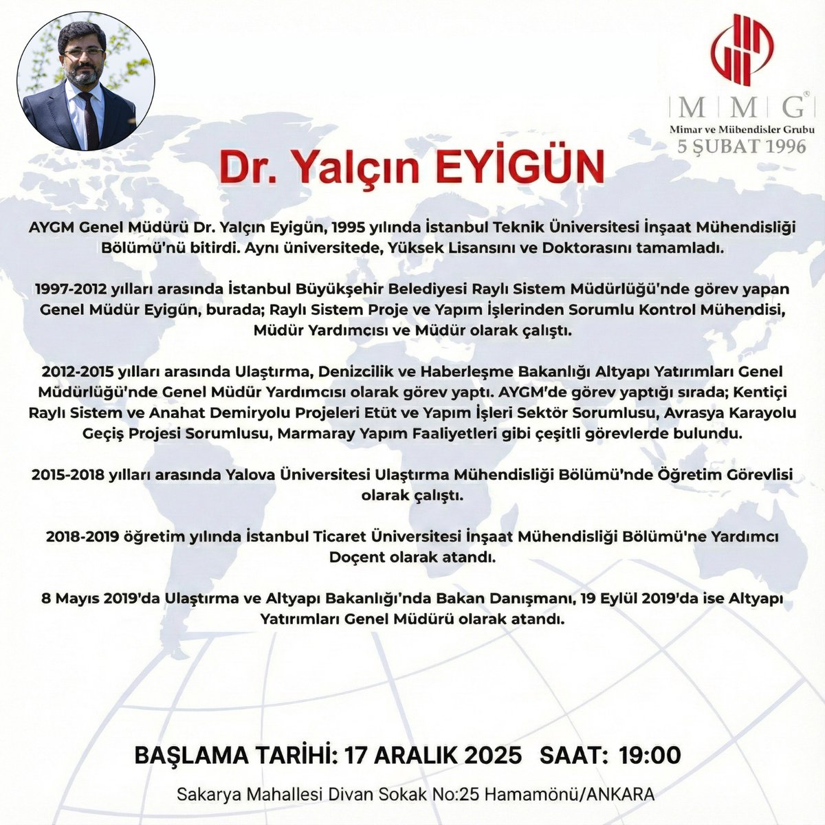 MMG Ankara Buluşmaları etkinliğimizin  konuğu (AYGM) Altyapı Yatırımları Genel Müdürü Dr. Yalçın EYİGÜN olacaktır. ​
"Ulaştırmada Geleceğe Adımlar: Kara, Deniz ve Hava Ulaşımında Yerli Mühendisliğin Bugünü, Yarını" başlıklı sunumu gerçekleştirecektir. 

İlgi duyanları bekliyoruz.