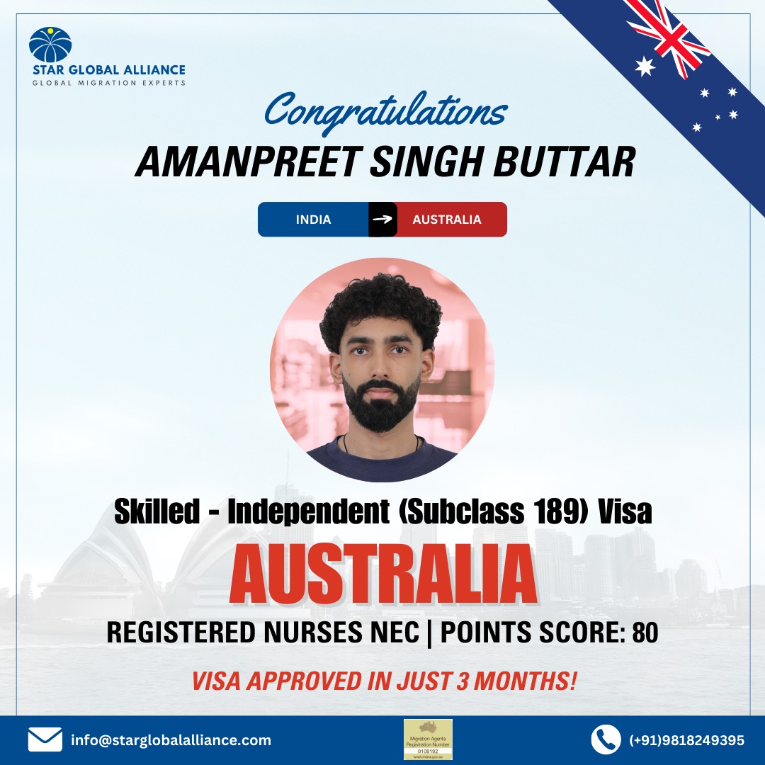 sgeamigration's tweet image. Congratulations, Amanpreet Singh Buttar! 🇮🇳✈️🇦🇺

We’re thrilled to share Amanpreet’s success story as he secures his Skilled – Independent (Subclass 189) Visa to Australia as a Registered Nurse (NEC).

#StarGlobalAlliance #AustraliaPR #VisaSuccess #MigrationExperts #Subclass189