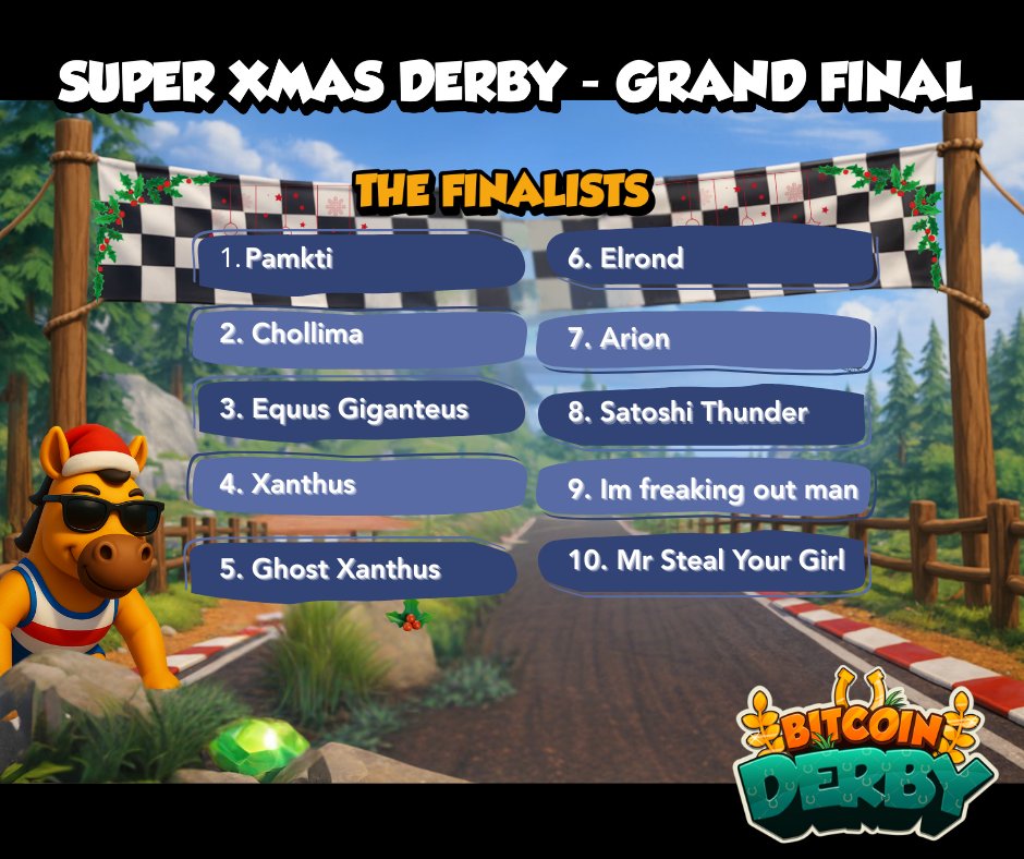 📢 THE SUPER XMAS DERBY GRAND FINAL IS HERE!

🐎 The finalists are locked in 📸
📅 Watch LIVE Wednesday 17/12 @ 5PM UTC
🏆 Winners will take home BTC, Ordinals, JUNGL PFP Free Mint whitelist &amp; XP. Breakdown below.

👀 Not racing?
Use XP → buy Gems → guess the winner to win! 🏁