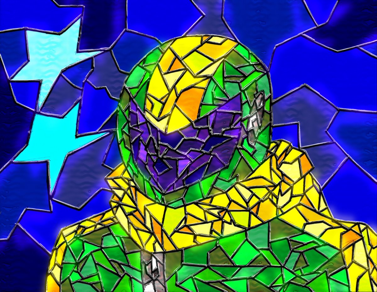 My character Helmet Guy portrayed using stained glass art.