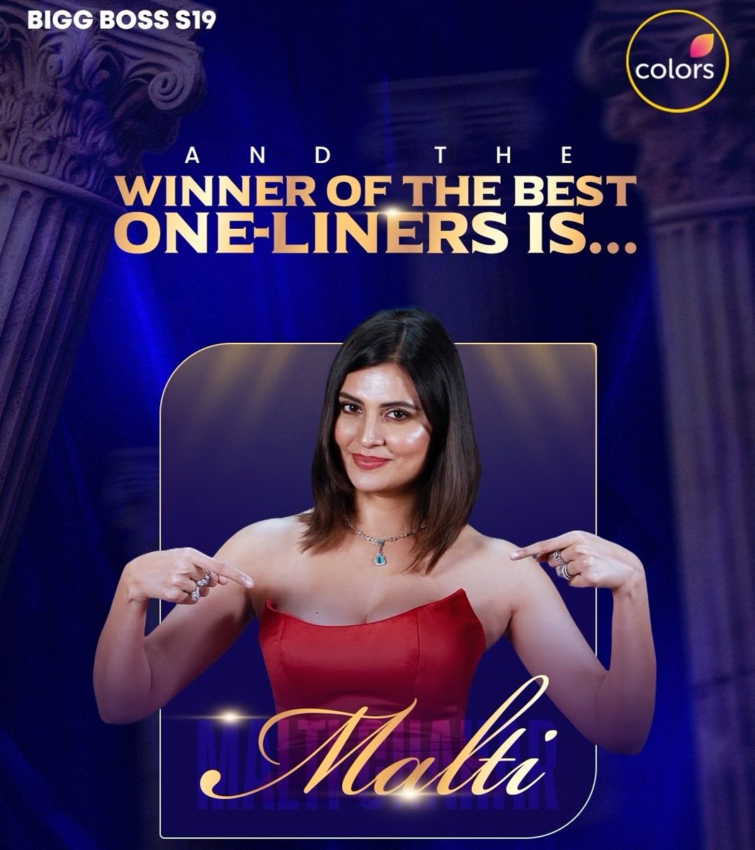 sukanya_bai's tweet photo. her Audience made her win the title of Best One liner queen of bb19 

QUEEN OF HEARTS MALTI CHAHAR 
#MaltiChahar #biggboss19 https://t.co/5YLF6r3vXp