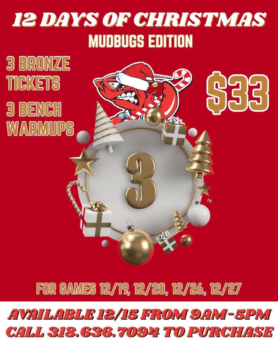 ShvMudbugs's tweet photo. On the 15th day of December my Mudbugs offered to me 3 bronze tickets and 3 bench warm up passes allllll for $33. Making each ticket only $11 😱 Call us until 5pm today to get yours!! #clawsupchristmas #singit https://t.co/VtmvOGMJvj